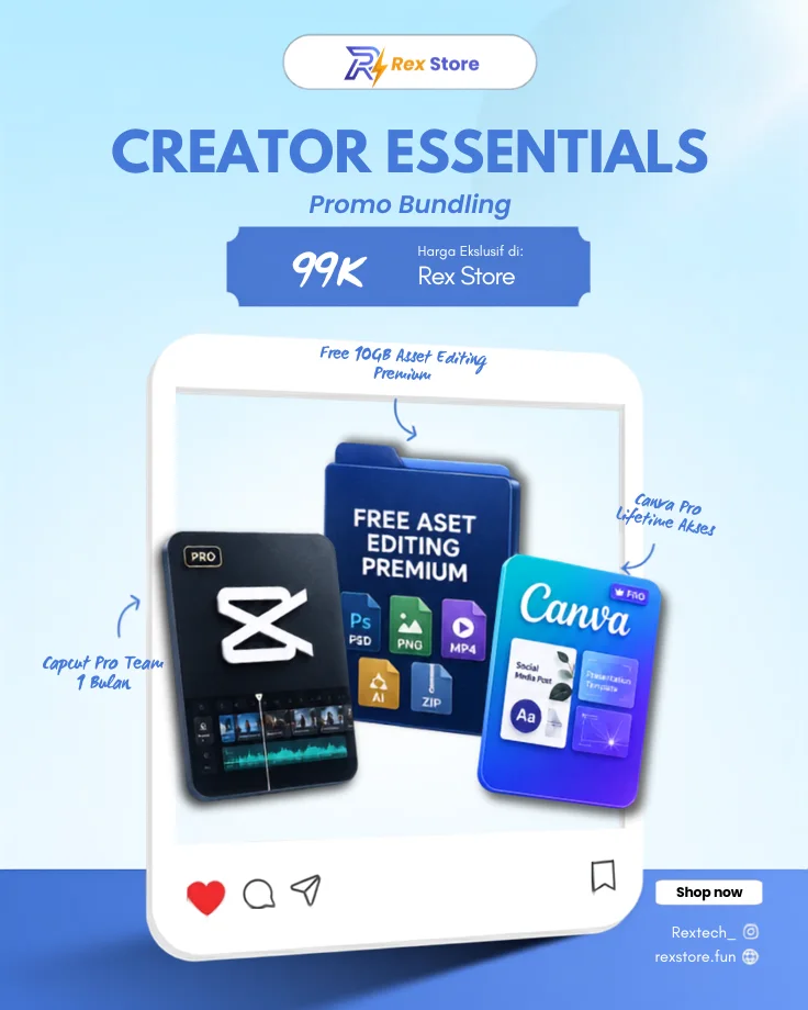 Pratinjau Creator Essentials — CapCut Pro + Canva Pro Lifetime + 10GB Aset Editing Premium
